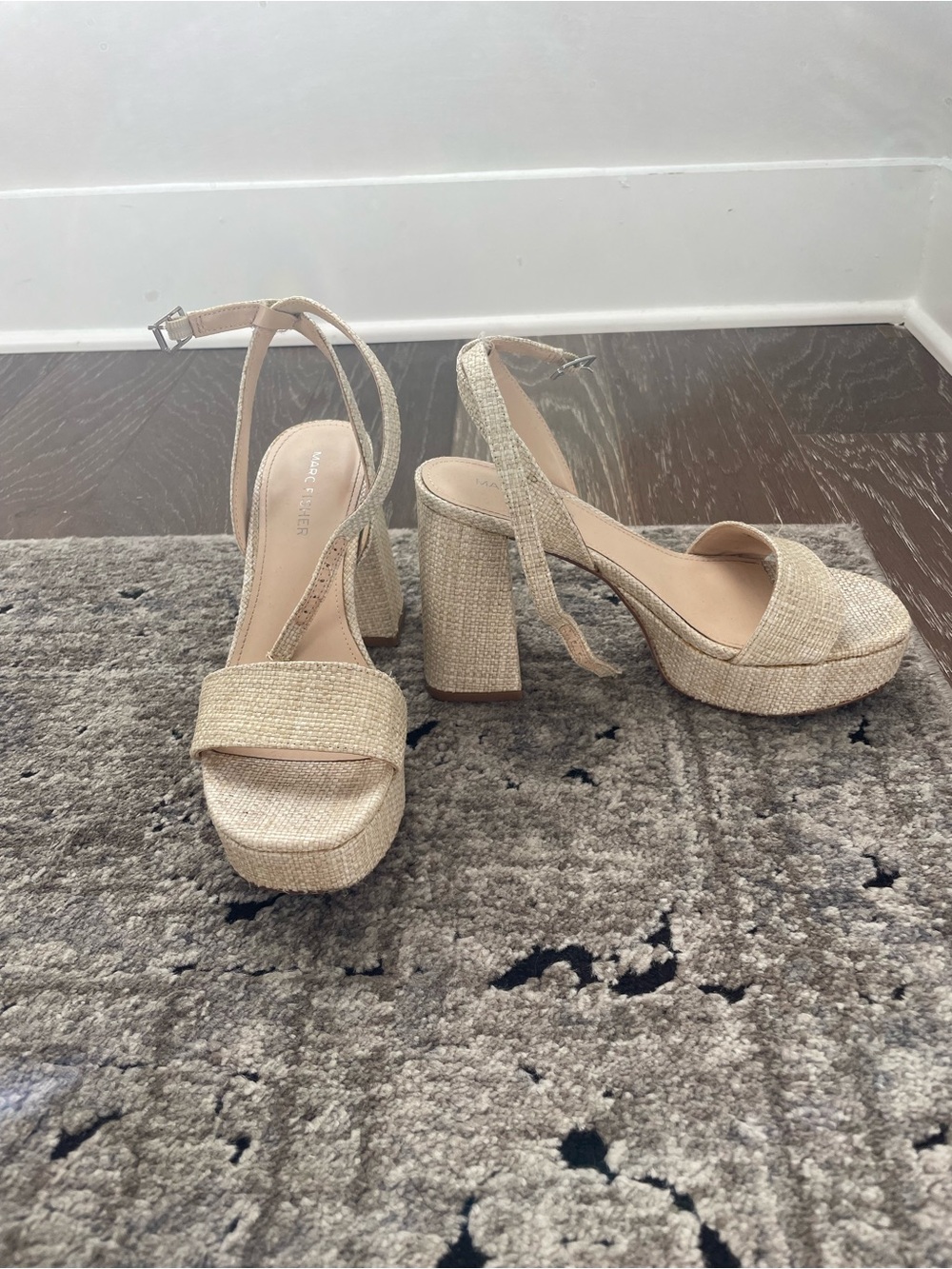 Marc Fisher Beige Raffia Platform Block Heel Sandals